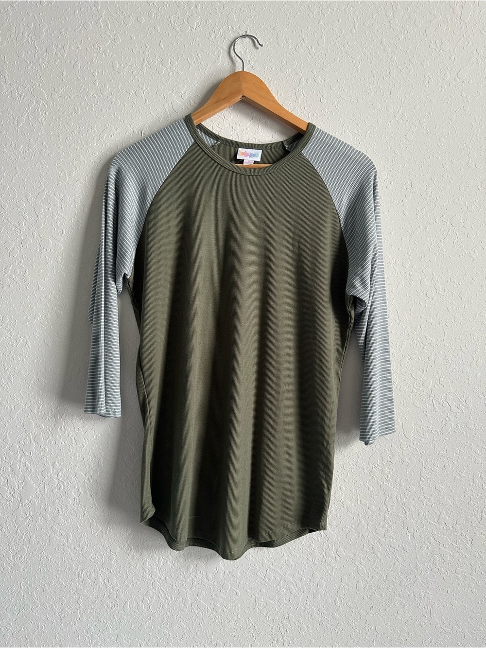 LuLaRoe Olive Green Raglan with Light Gray Striped Sleeves